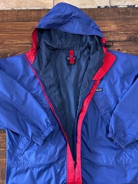Patagonia Kids Blue Hooded Raincoat with Red Trim